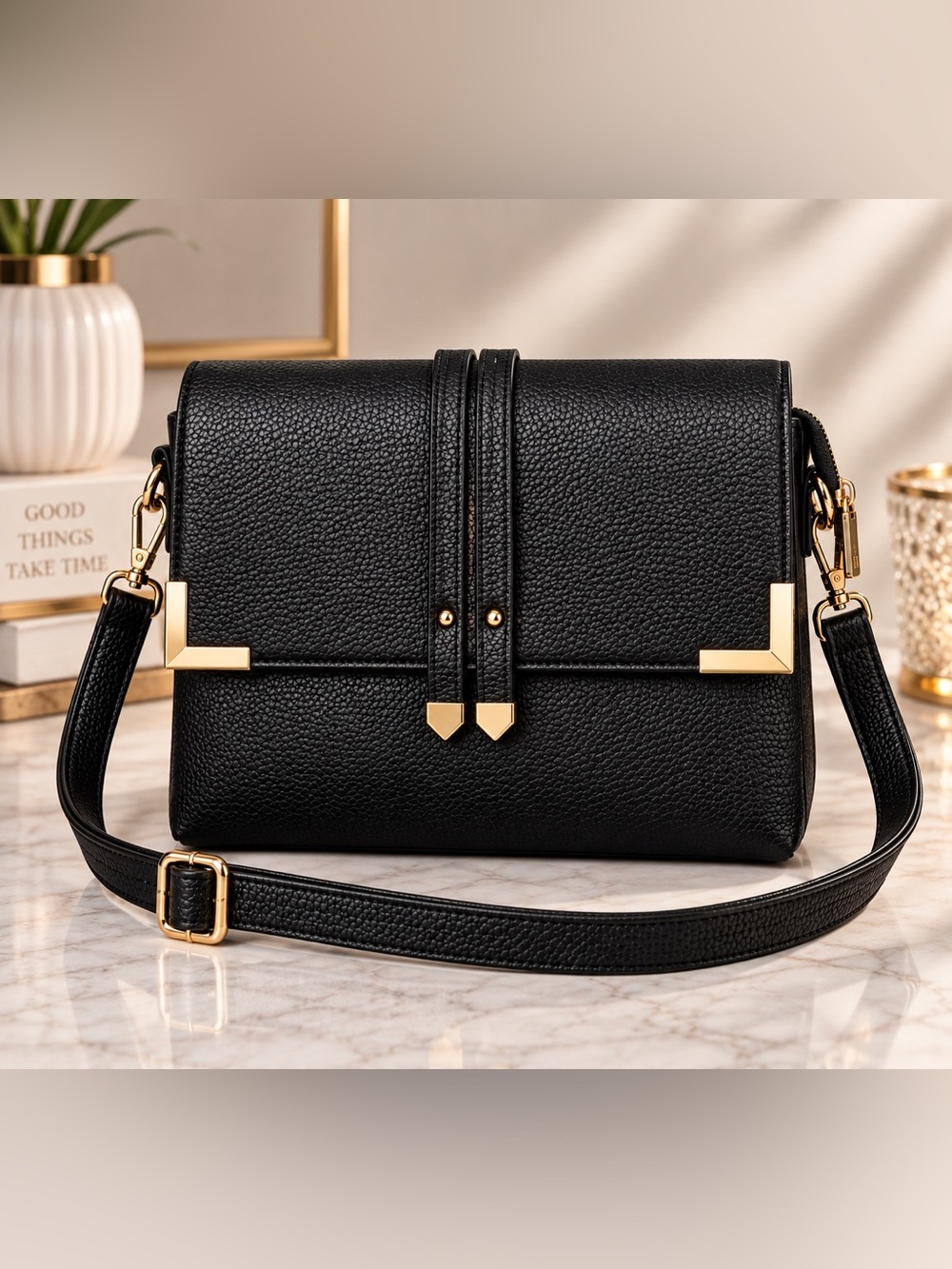 Black Pebbled Leather Crossbody Bag with Gold Accents
